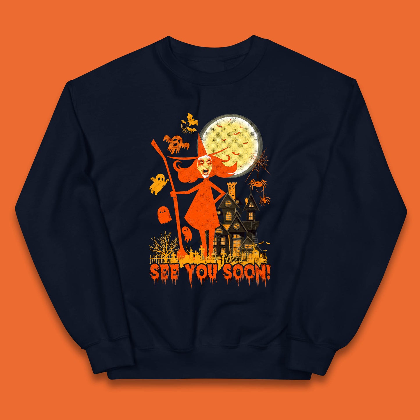 See You Soon Halloween Witch With Broom Horror Scary Haunted House Kids Jumper