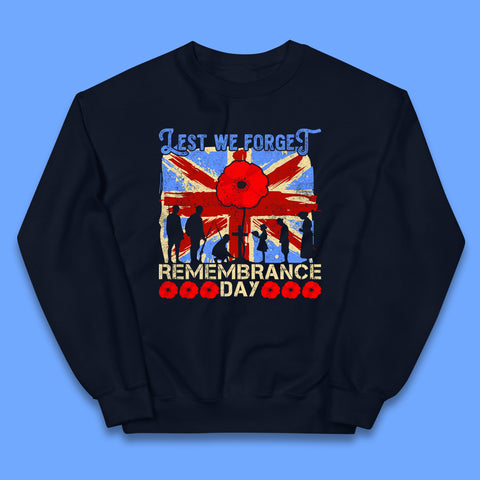 Lest We Forget British Armed Forces Union Jack Remembrance Day Poppy Uk Flag Royal Army Soldier Patriotic Kids Jumper