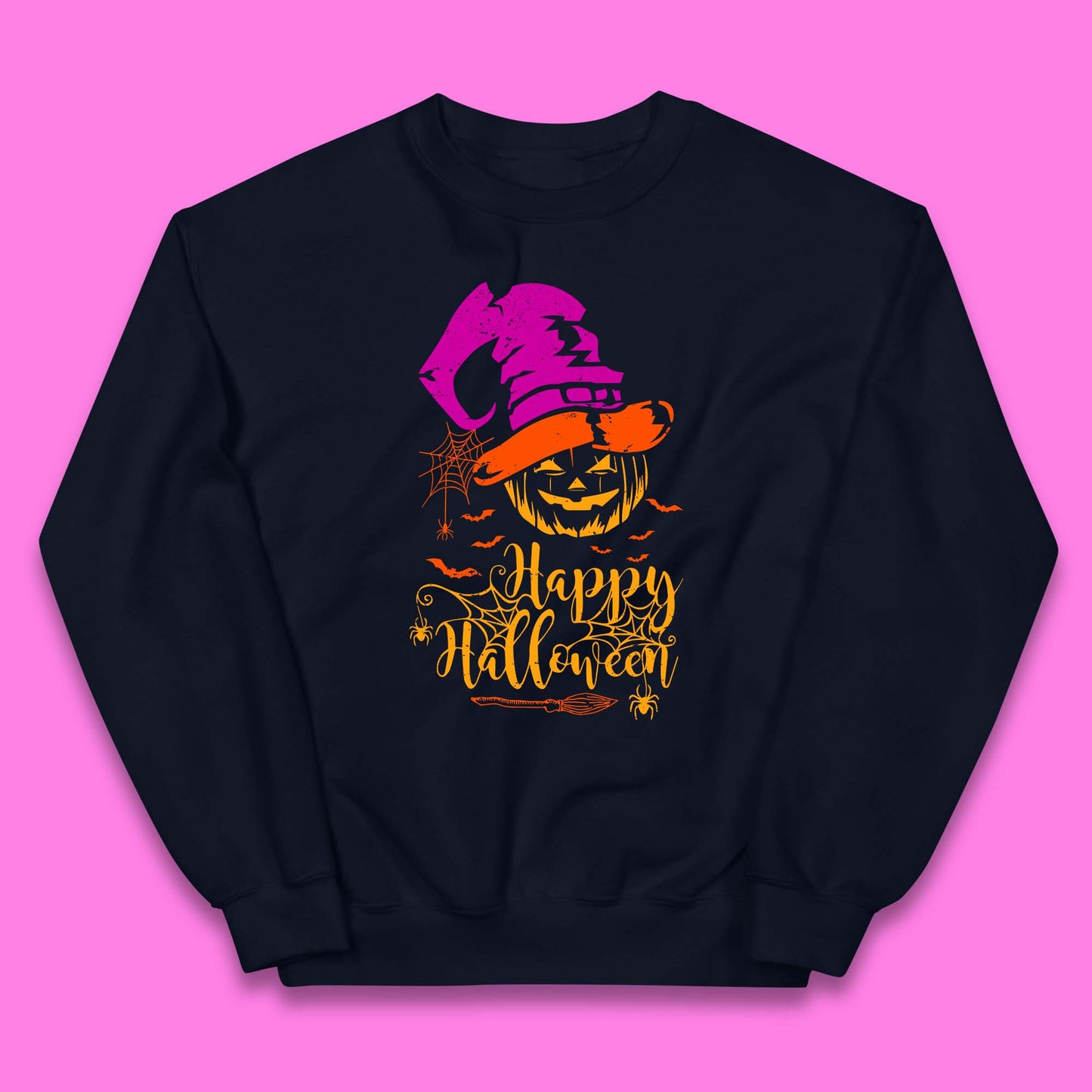 Happy Halloween Witch Hat Pumpkin Horror Scary Jack-o-lantern Flying Bats Kids Jumper