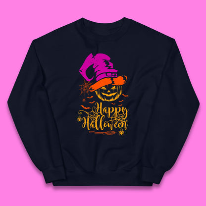 Happy Halloween Witch Hat Pumpkin Horror Scary Jack-o-lantern Flying Bats Kids Jumper