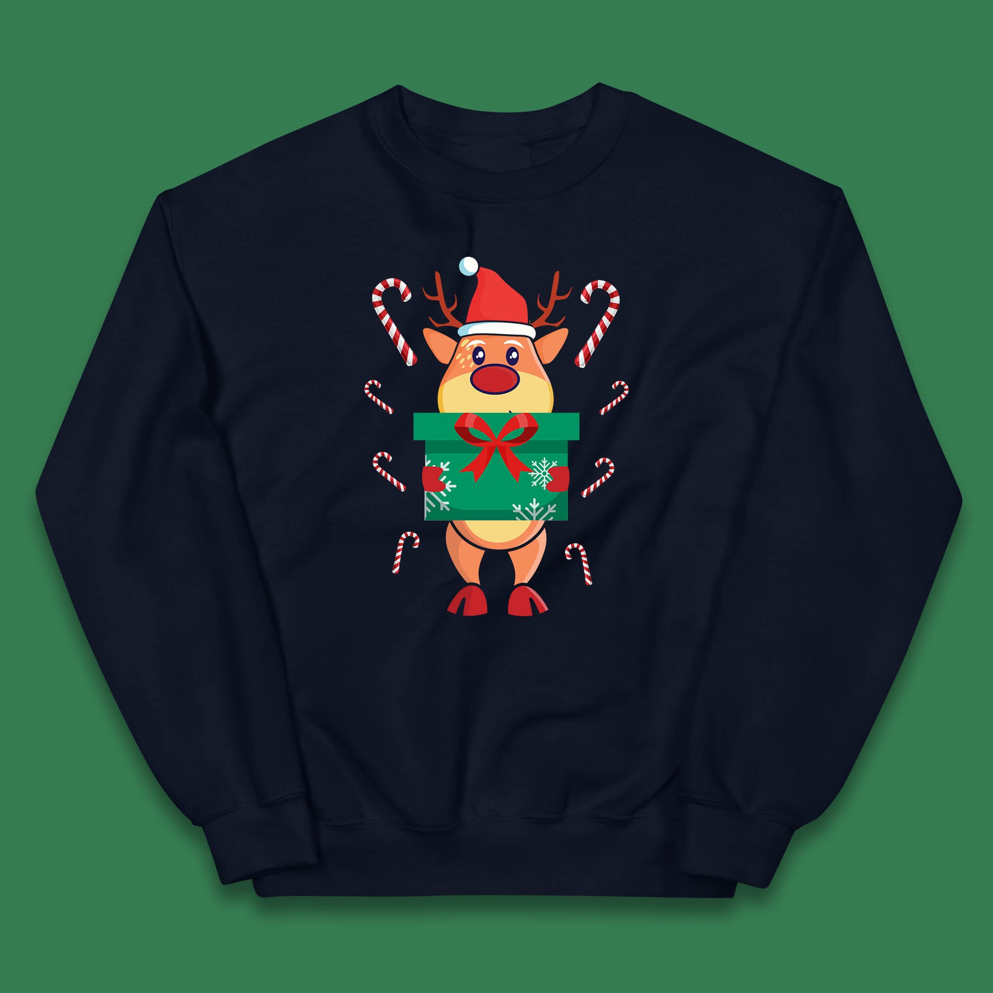reindeer holding gift christmas jumper