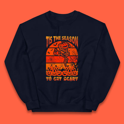Tis The Season To Get Scary Halloween Skeleton Holding Pumpkin Buckets Spooky Vibes Kids Jumper