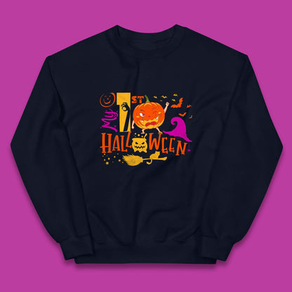 My 1st Halloween Cartoon Halloween Pumpkin Witch Hat Devil Smile Scary Spooky Season Kids Jumper