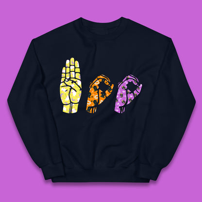 Halloween Hand Sign Language Boo Ghost American Sign Language Alphabet ASL Halloween Kids Jumper
