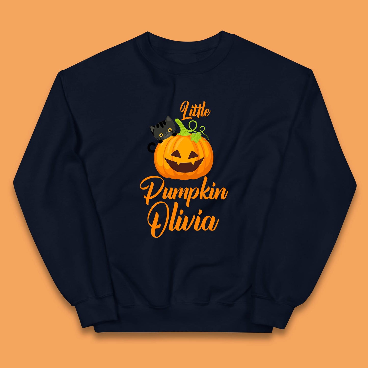 Personalised Little Pumpkin Your Name Black Cat Witch On Pumpkin Kids Jumper