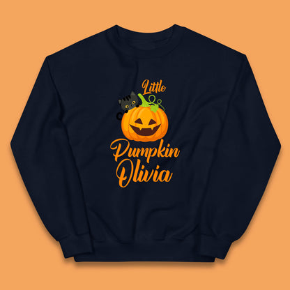 Personalised Little Pumpkin Your Name Black Cat Witch On Pumpkin Kids Jumper