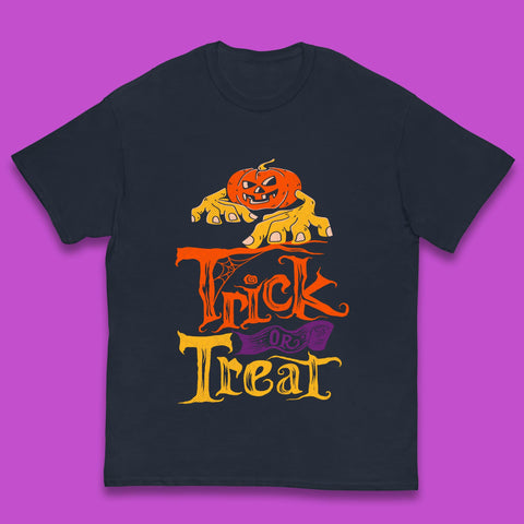 Halloween Trick Or Treat Horror Scary Evil Pumpkin With Zombie Hands Kids T Shirt
