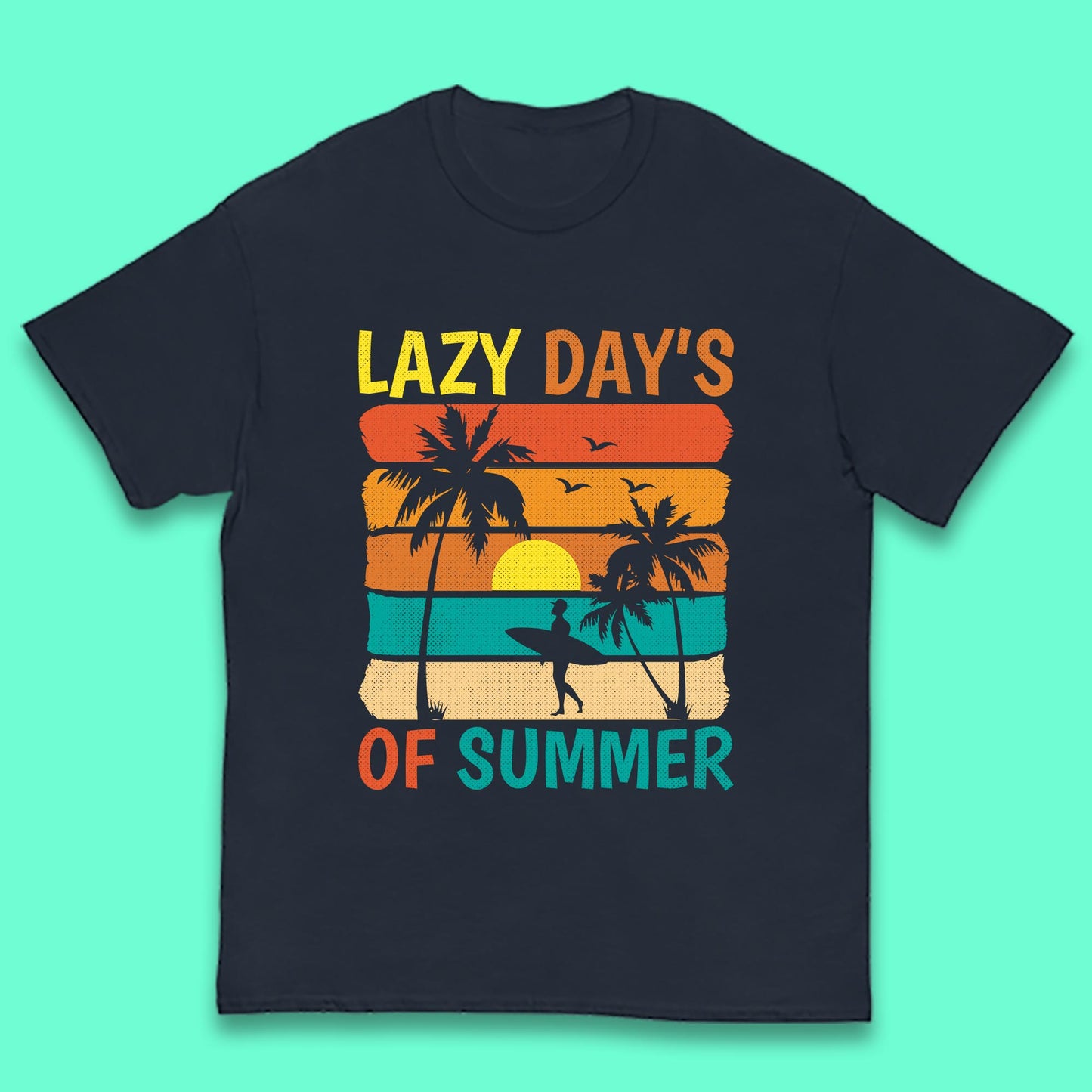 Lazy Days Of Summer Vintage Retro Sunset Surfer Beach Palm Trees Kids T Shirt