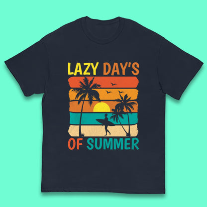 Lazy Days Of Summer Vintage Retro Sunset Surfer Beach Palm Trees Kids T Shirt