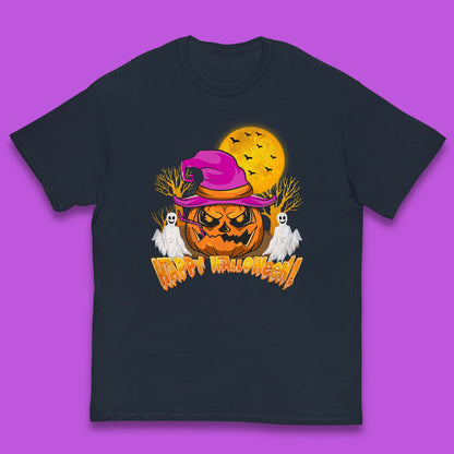 Happy Halloween Pumpkin Witch Hat Jack-o'-lantern With Full Moon Flying Bats Horror Scary Boo Ghost Kids T Shirt