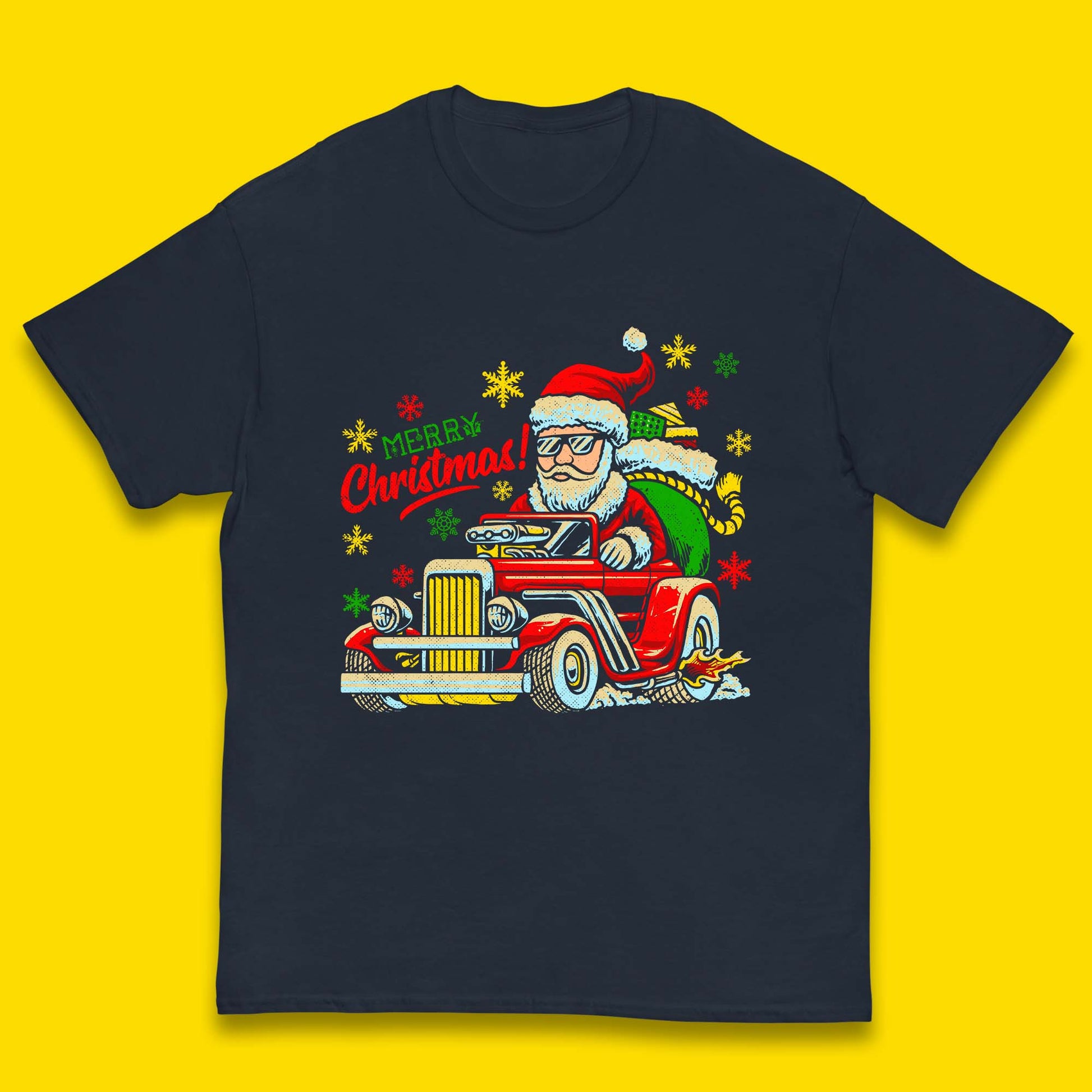 santa drives a hot rod car kids t shirt