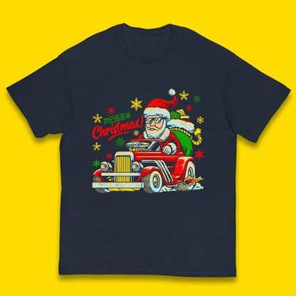 santa drives a hot rod car kids t shirt