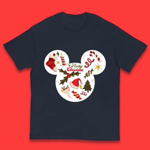 Merry Christmas Disney Mickey Mouse Head Xmas Disneyland Trip Kids T Shirt