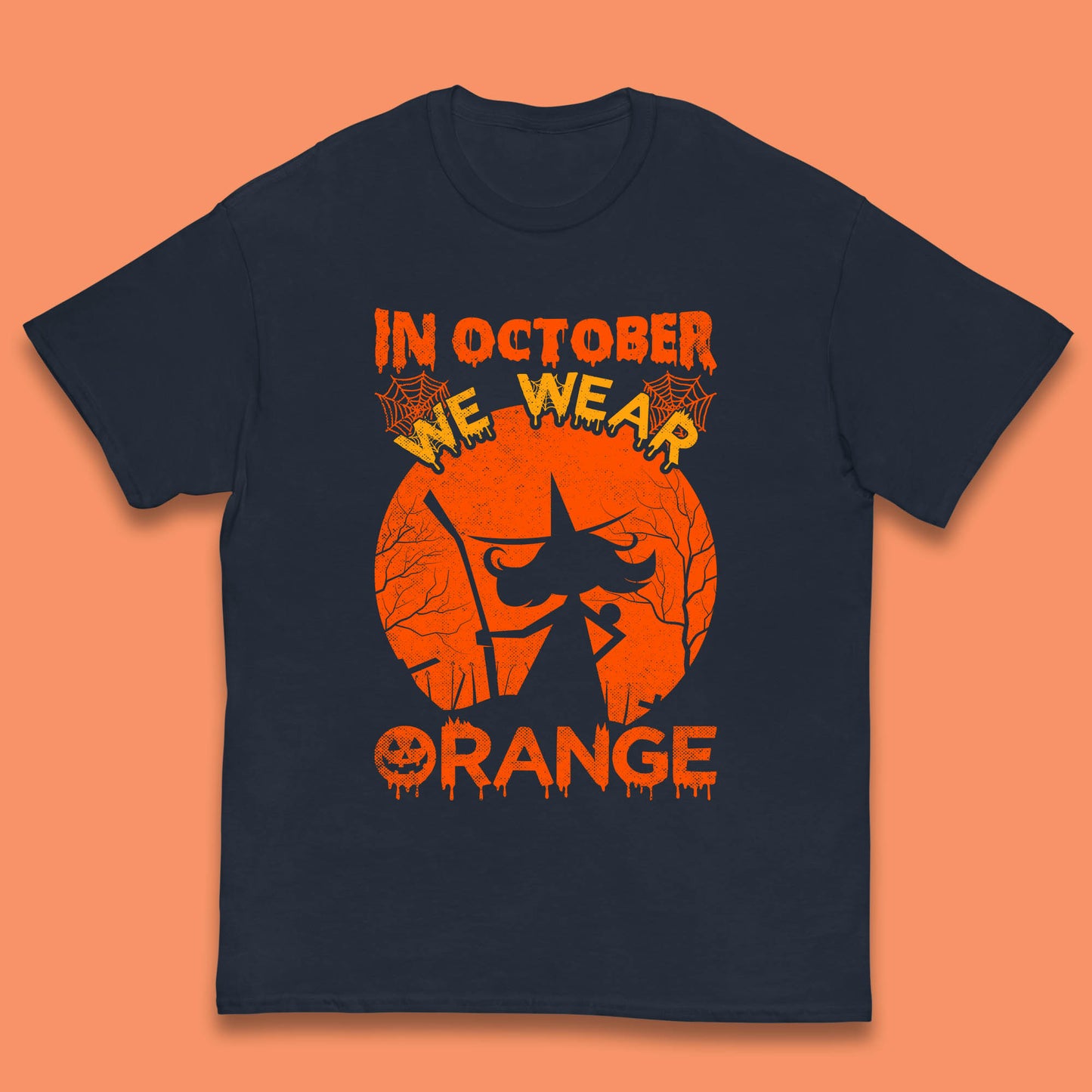 In October We Wear Orange Funny Quote Scary Witch With Broom Halloween Costume October Festive Kids T Shirt