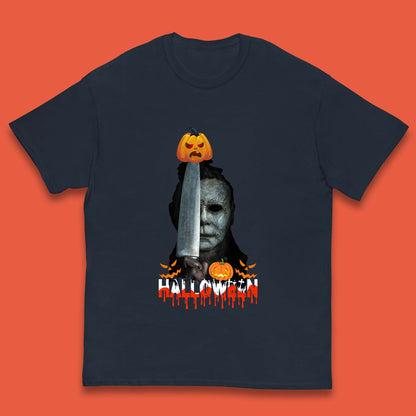 Halloween Michael Myers Holding Knife Pumpkin Horror Movie Character Serial Killer Kids T Shirt