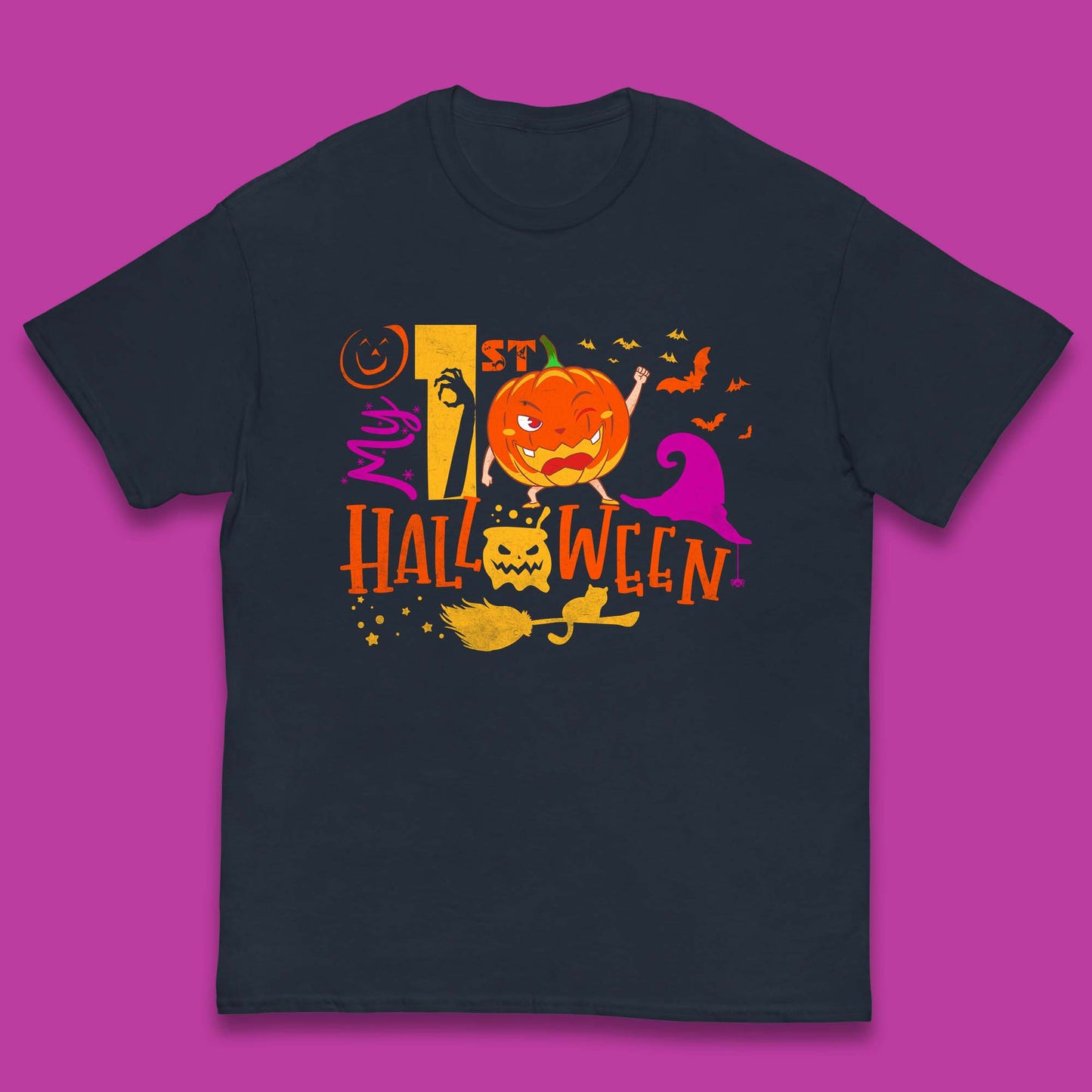 My 1st Halloween Cartoon Halloween Pumpkin Witch Hat Devil Smile Scary Spooky Season Kids T Shirt