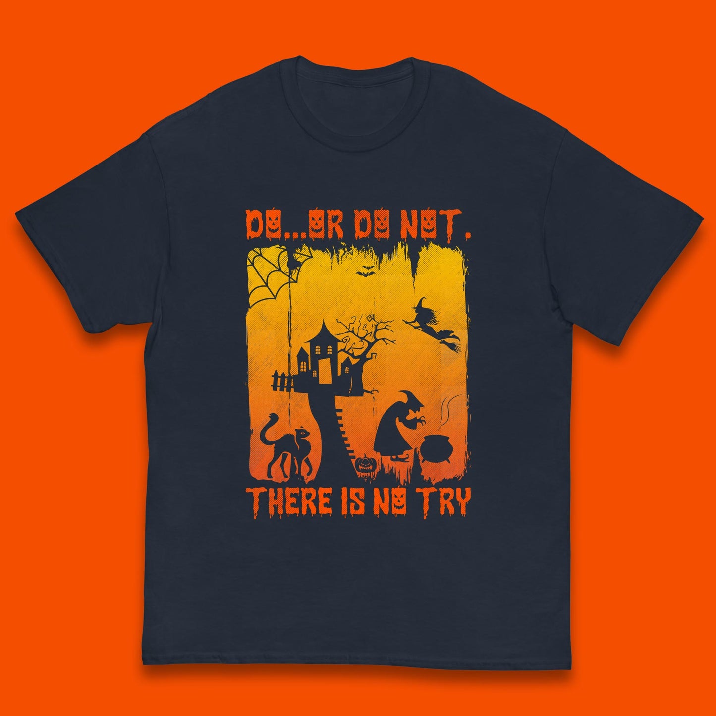 Do Or Do Not There Is No Try Halloween Tree House Flying Witch Scary Spooky Black Cat Kids T Shirt