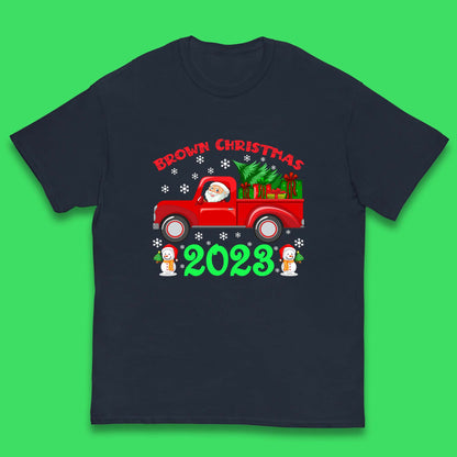Brown Christmas 2023 Santa Claus Driving Truck With Christmas Tree To Delivery Christmas Gifts Xmas Kids T Shirt