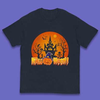 Halloween Pumpkin Witch Hat Haunted Castle Flying Bats Skull Bones Scary Dark Night Kids T Shirt