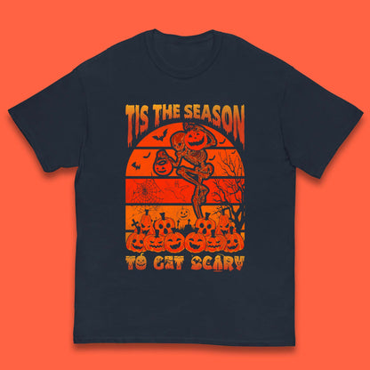 Tis The Season To Get Scary Halloween Skeleton Holding Pumpkin Buckets Spooky Vibes Kids T Shirt