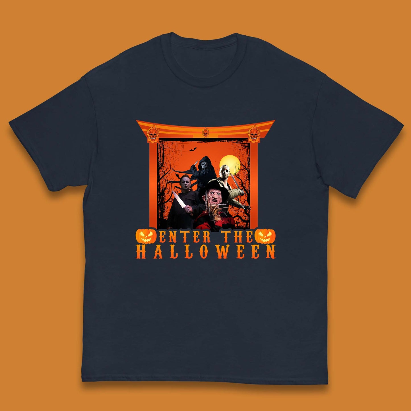 Enter The Halloween Horror Movie Characters Friends Halloween Villians Serial Killers Kids T Shirt
