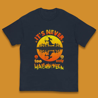 It's Never Too Early Halloween Witch Flying On Broomstick Over Lake Scary Spooky Season Kids T Shirt