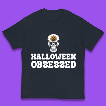 Skull Pumpkin Halloween Obsessed Funny Pumpkin Obsessed Party Spooky Season Kids T Shirt