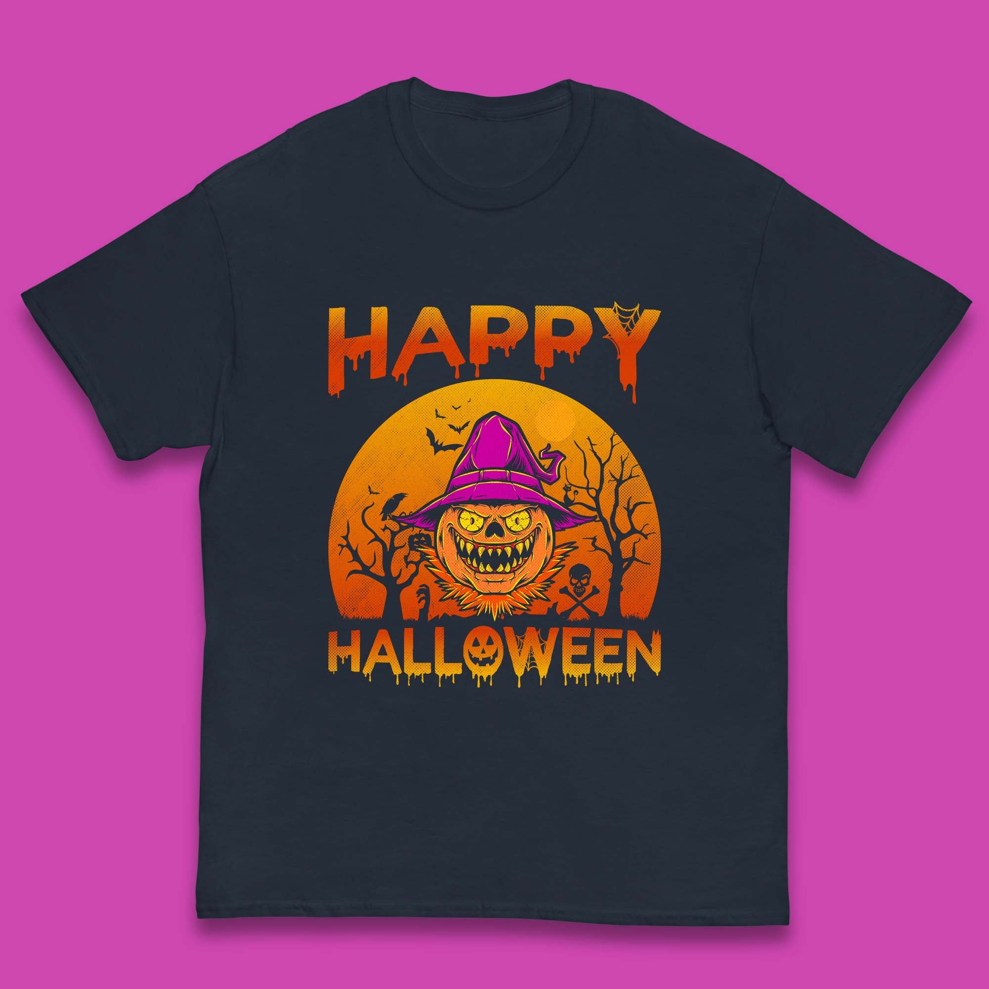 Happy Halloween Monster Pumpkin With Witch Hat Horror Scary Spooky Season Kids T Shirt