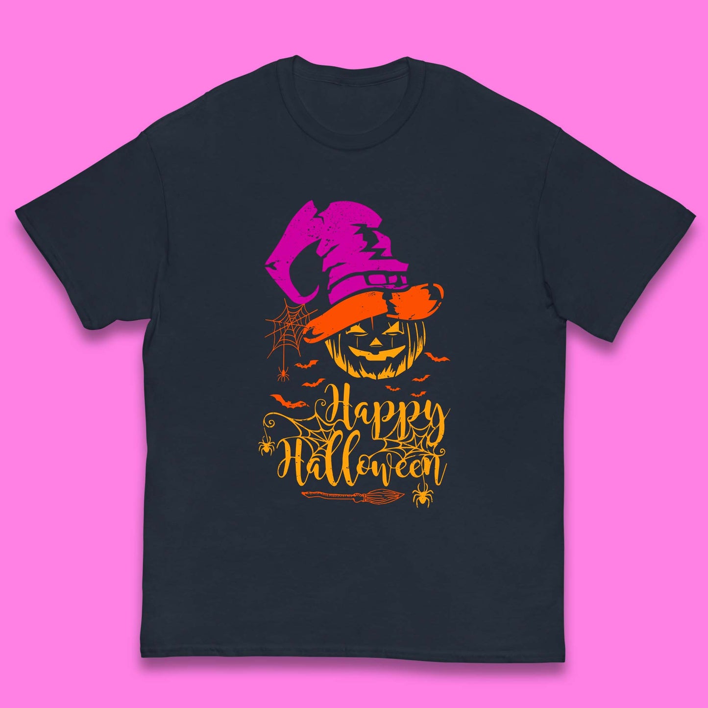Happy Halloween Witch Hat Pumpkin Horror Scary Jack-o-lantern Flying Bats Kids T Shirt