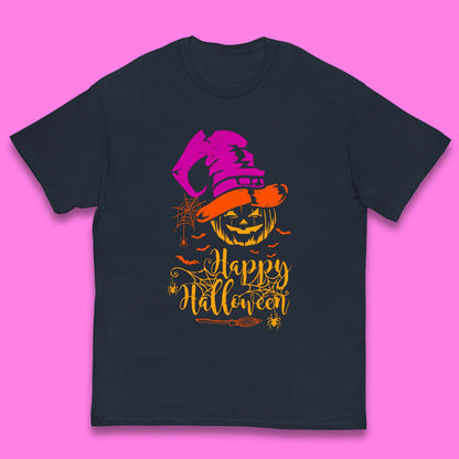Happy Halloween Witch Hat Pumpkin Horror Scary Jack-o-lantern Flying Bats Kids T Shirt