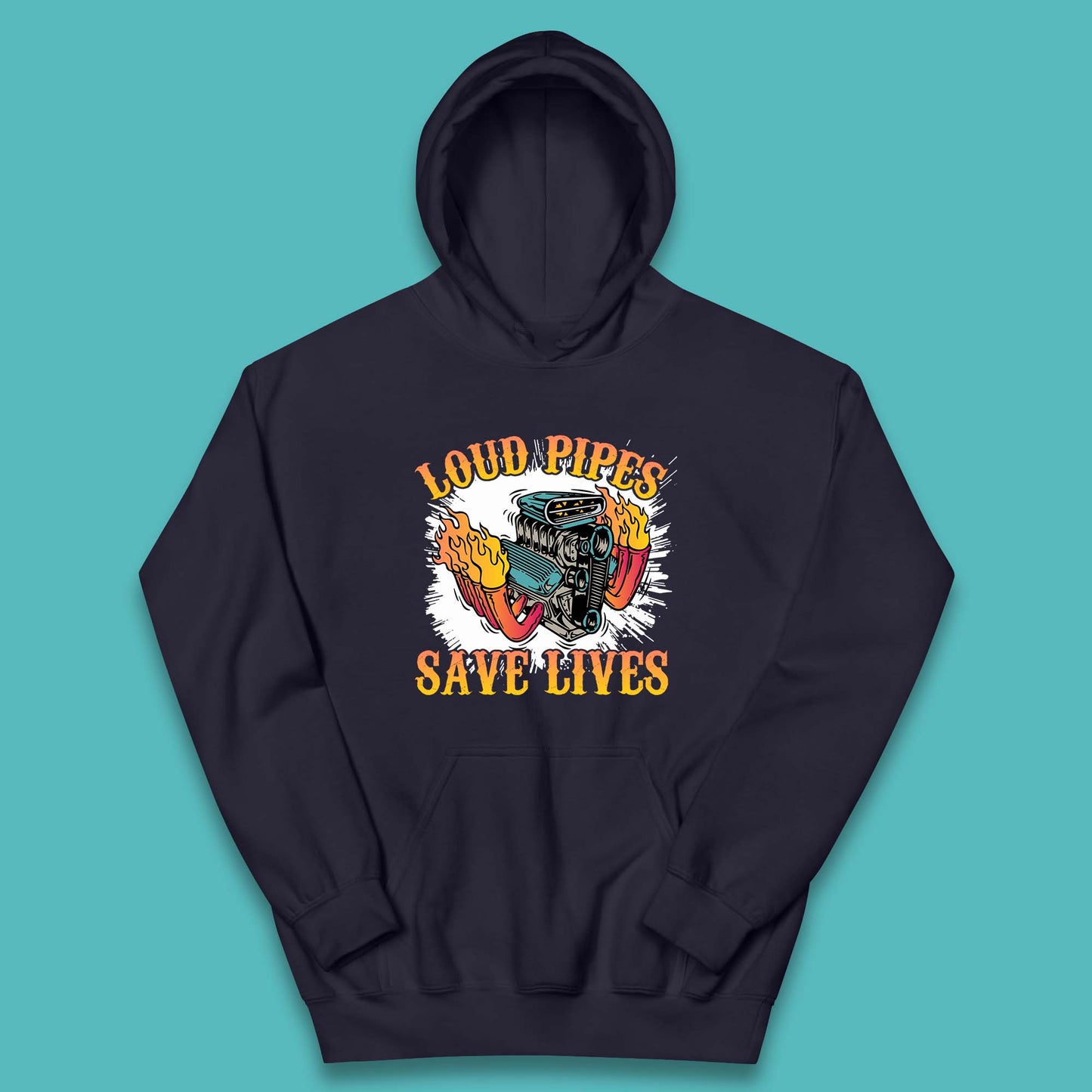 Loud Pipes Save Lives Hot Rod Motor Vehicle Flaming Engine Kids Hoodie