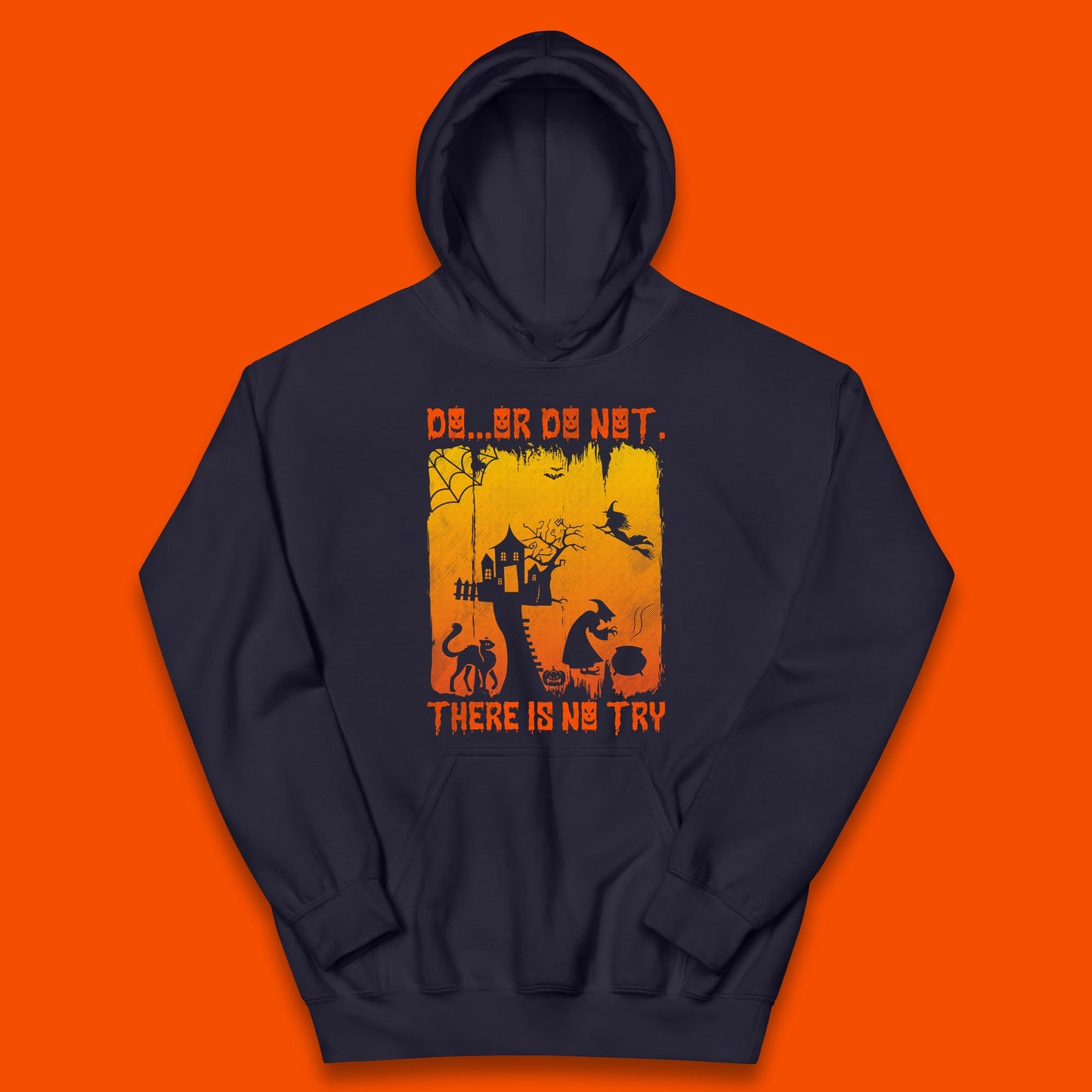 Do Or Do Not There Is No Try Halloween Tree House Flying Witch Scary Spooky Black Cat Kids Hoodie