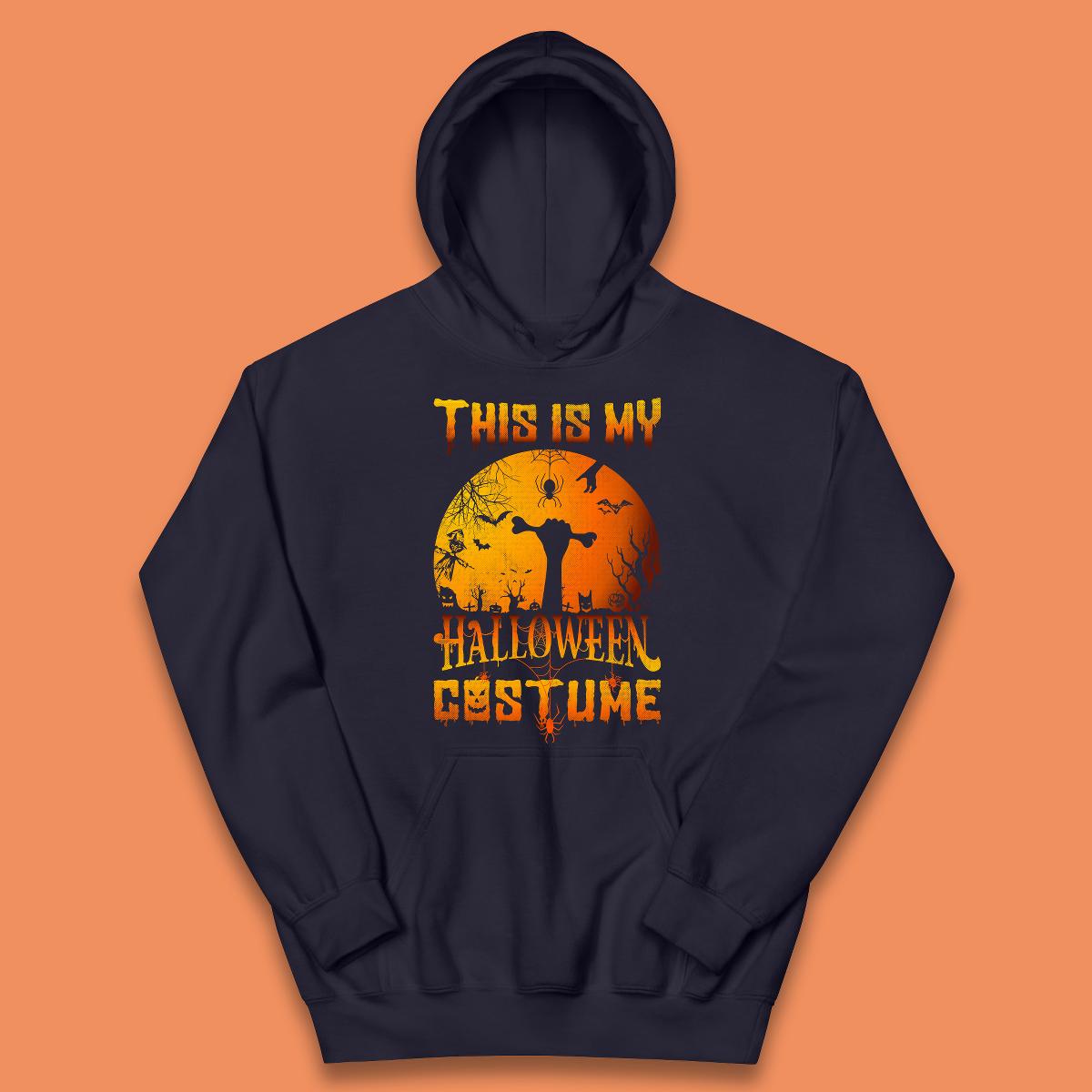 This Is My Halloween Costume Zombie Hand Rising Out Of A Graveyard & Holding Bone In Spooky Night Kids Hoodie