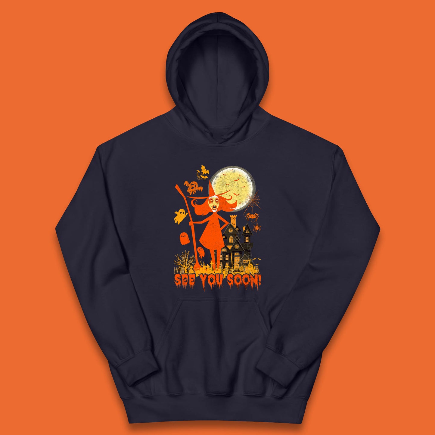 See You Soon Halloween Witch With Broom Horror Scary Haunted House Kids Hoodie