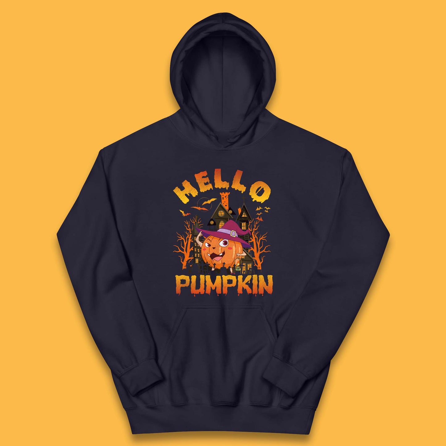 Hello Pumpkin Cartoon Halloween Pumpkin With Witch Hat Devil Smile Haunted Castle Kids Hoodie