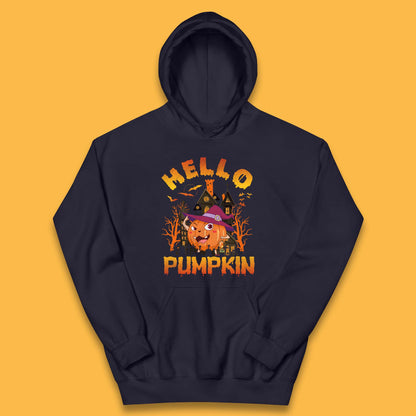Hello Pumpkin Cartoon Halloween Pumpkin With Witch Hat Devil Smile Haunted Castle Kids Hoodie