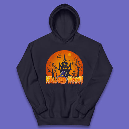 Halloween Pumpkin Witch Hat Haunted Castle Flying Bats Skull Bones Scary Dark Night Kids Hoodie