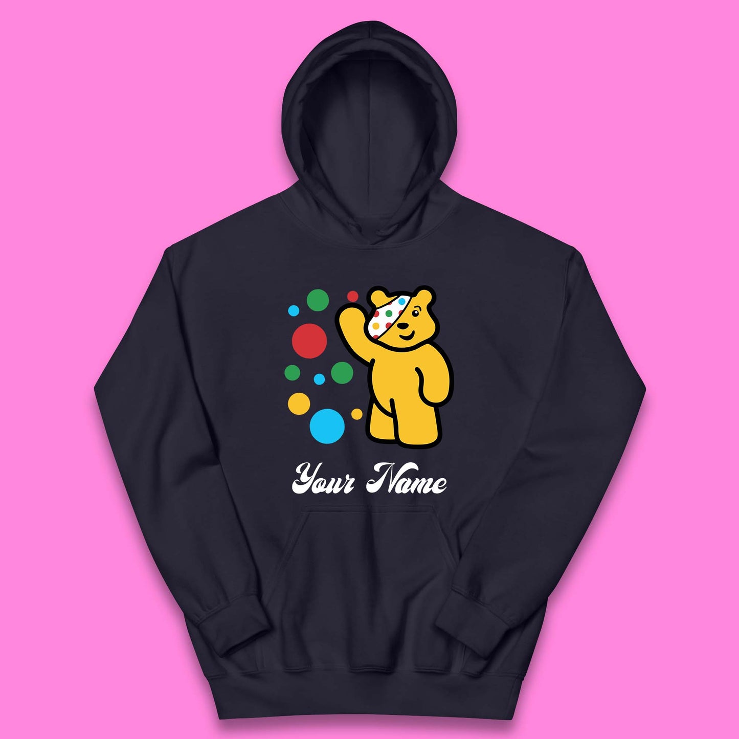 Personalised Spotty Pudsey Bear Hand Waving Dotty Spot Your Name Fundraising Spotty Bear Spotty Day Kids Hoodie