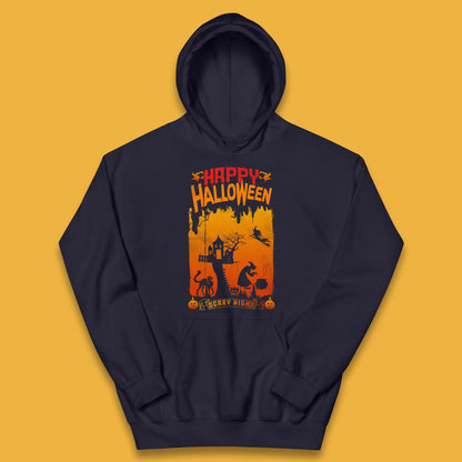Happy Halloween Horror Hunted House Flying Witch Scary Spooky Night Kids Hoodie
