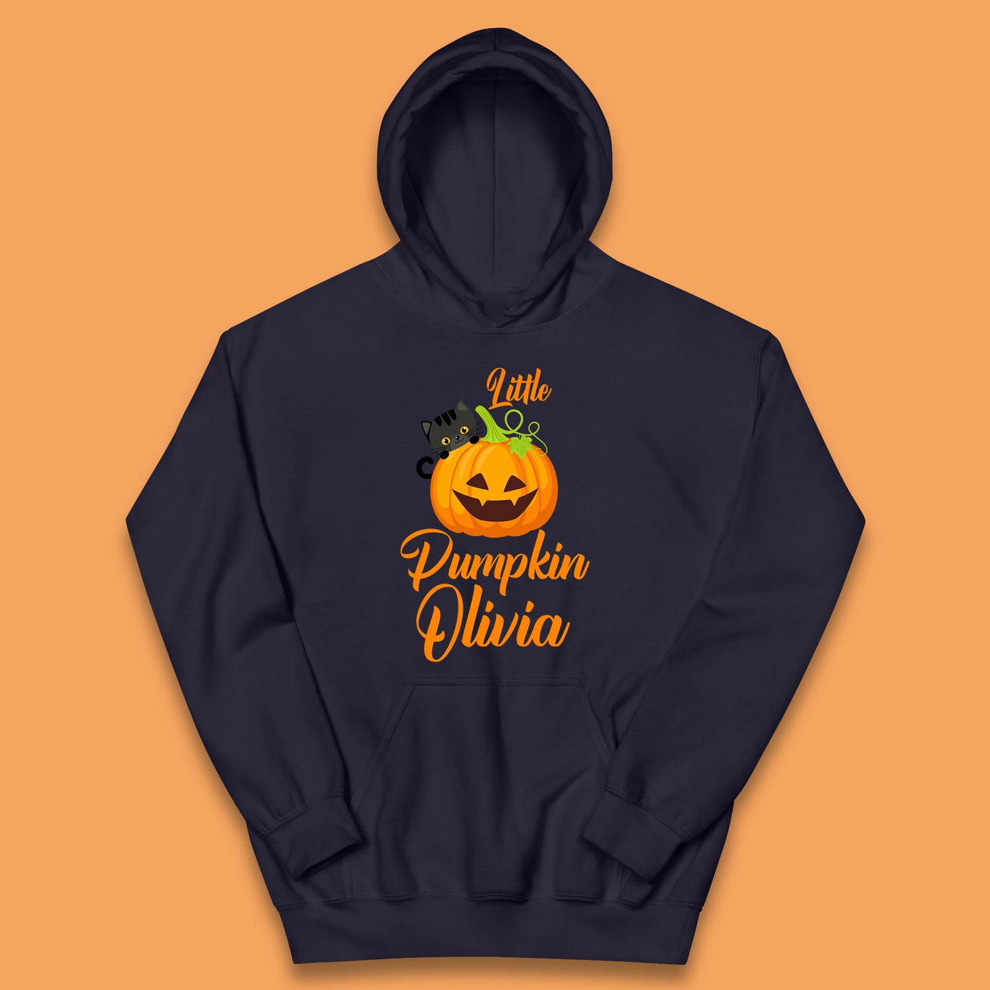 Personalised Little Pumpkin Your Name Black Cat Witch On Pumpkin Kids Hoodie