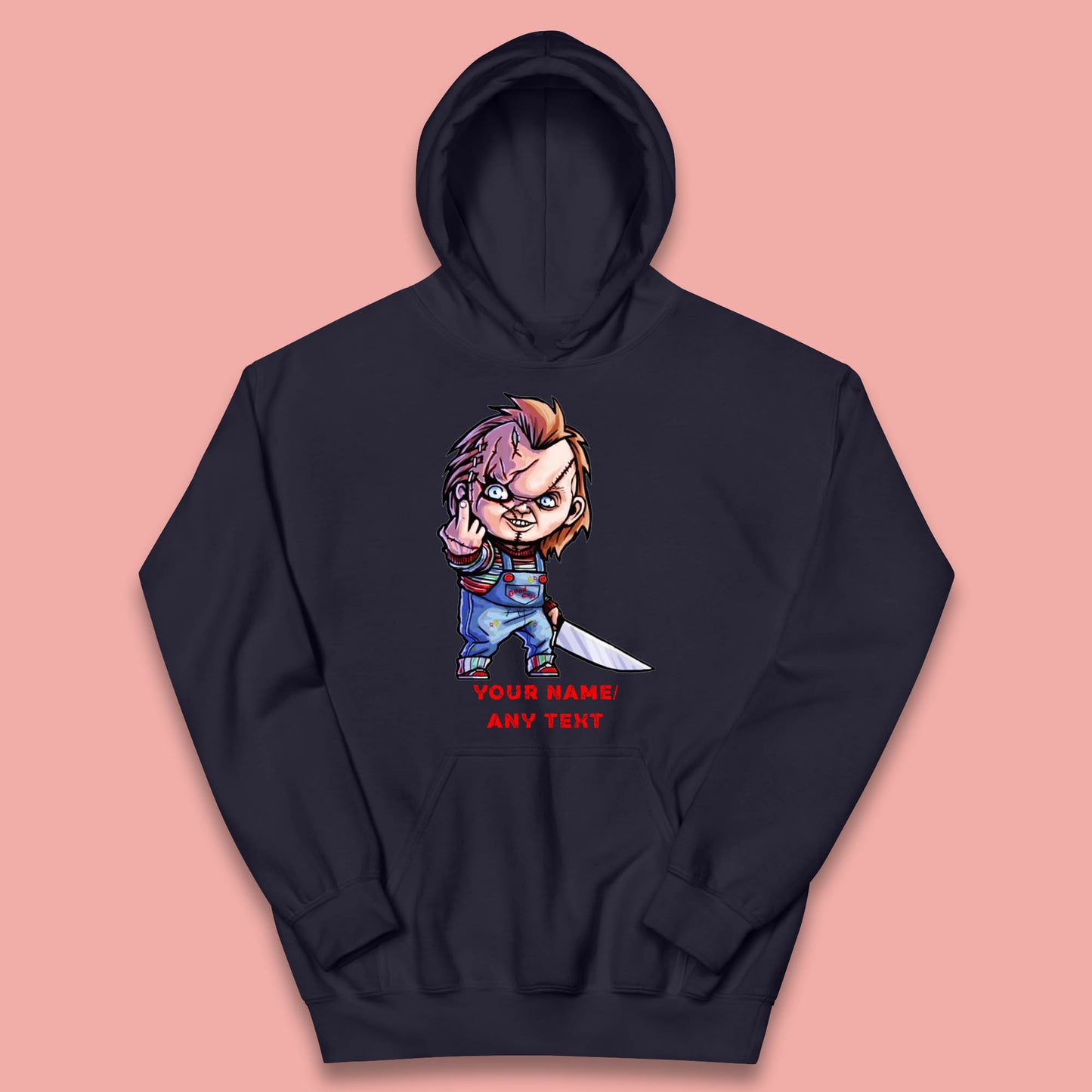 Personalised Chucky With Knife Your Name Or Text Halloween Horror Movie Character Kids Hoodie