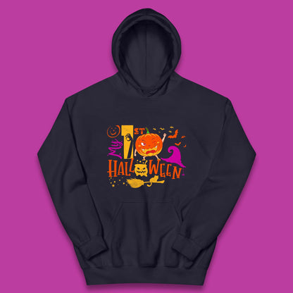 My 1st Halloween Cartoon Halloween Pumpkin Witch Hat Devil Smile Scary Spooky Season Kids Hoodie