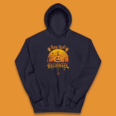 Trick Or Treat Halloween Pumpkin Haunted Trees Scary Spooky Season Kids Hoodie