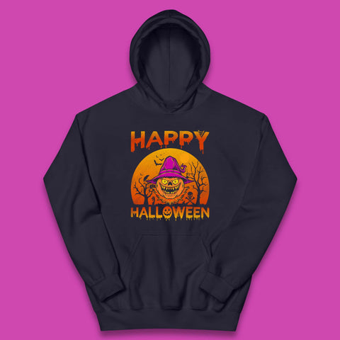Happy Halloween Monster Pumpkin With Witch Hat Horror Scary Spooky Season Kids Hoodie