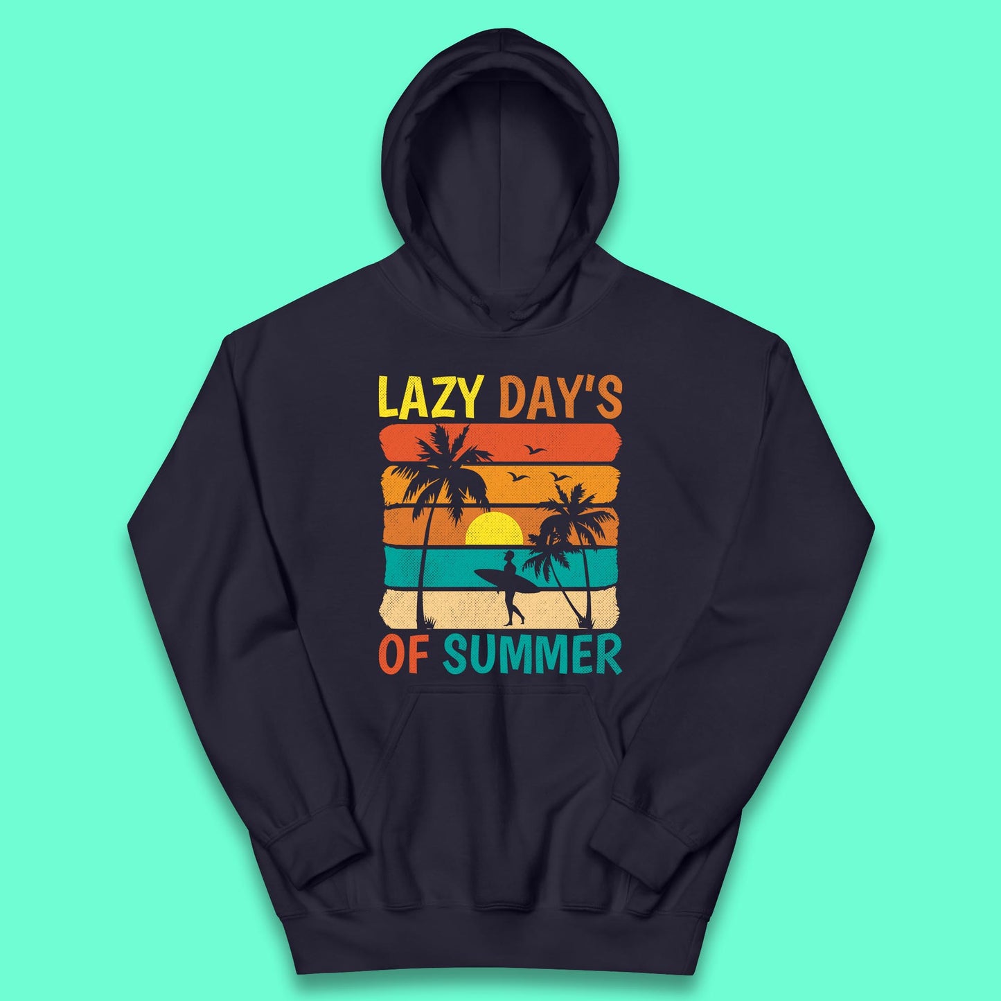 Lazy Days Of Summer Vintage Retro Sunset Surfer Beach Palm Trees Kids Hoodie