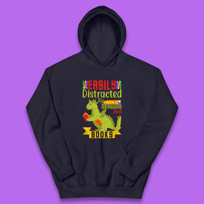 Easily Distracted By Dragons & Books Kids Hoodie