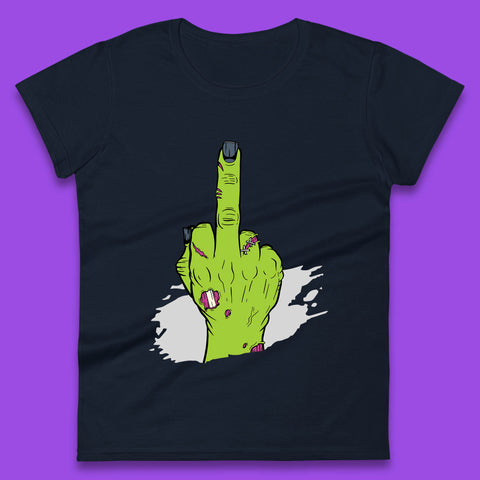 Halloween Green Zombie Hand Showing The Middle Finger Sarcastic Rude Womens Tee Top