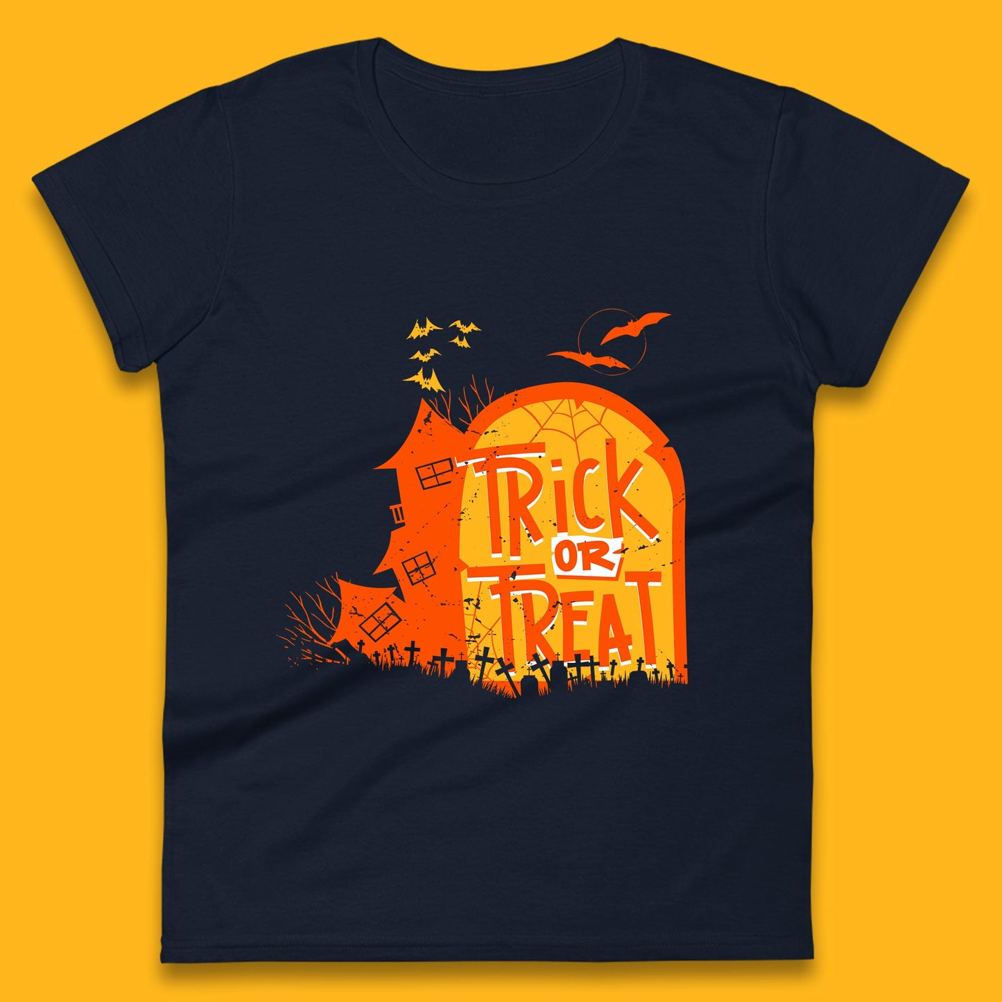 Trick Or Treat Halloween Terrific Abandoned Haunted House Flying Bats Womens Tee Top