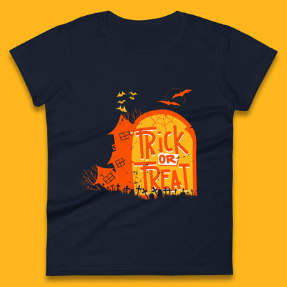Trick Or Treat Halloween Terrific Abandoned Haunted House Flying Bats Womens Tee Top