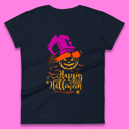 Happy Halloween Witch Hat Pumpkin Horror Scary Jack-o-lantern Flying Bats Womens Tee Top